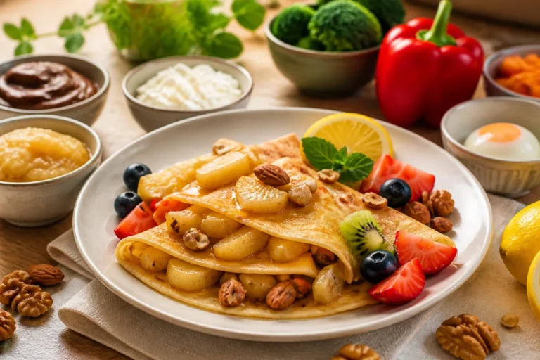 Recette de crêpes sans sucre moelleuses, garnies de pommes au citron, fruits frais, noix et amandes