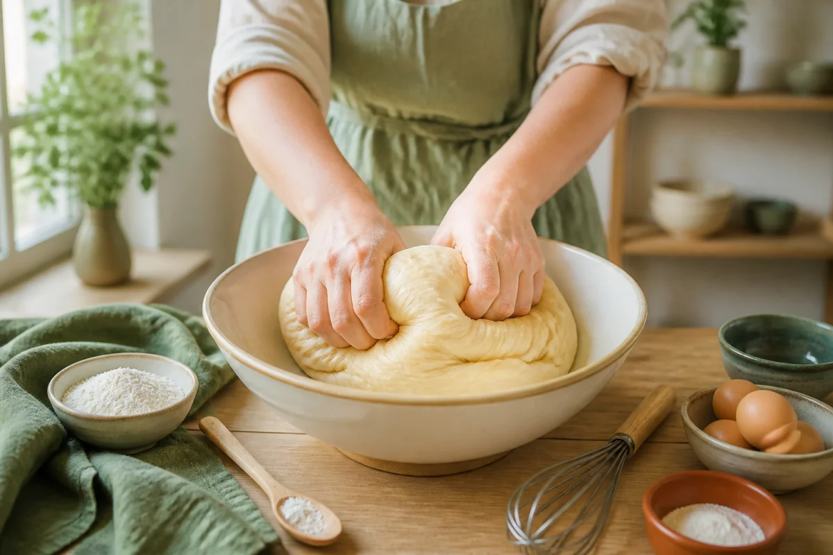 Préparation d’une recette de brioche sans sucre avec pétrissage d’une pâte moelleuse dans un saladier en céramique
