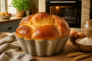 Recette de brioche sans sucre ajoutée, dorée et moelleuse dans un moule, devant un four ouvert
