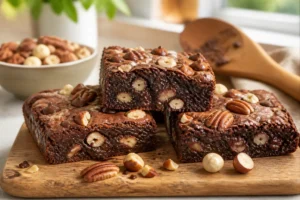 Recette de brownie sans sucre fondant aux noix de pécan, noisettes, amandes et pépites de chocolat