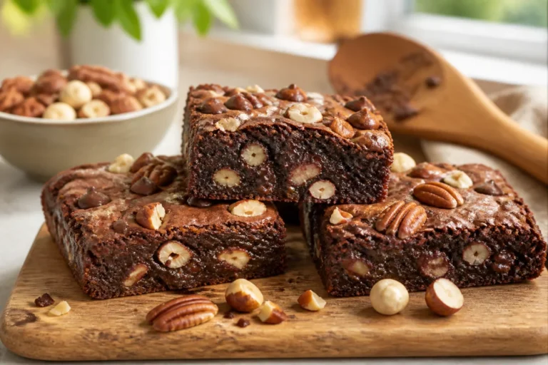 Recette de brownie sans sucre fondant aux noix de pécan, noisettes, amandes et pépites de chocolat