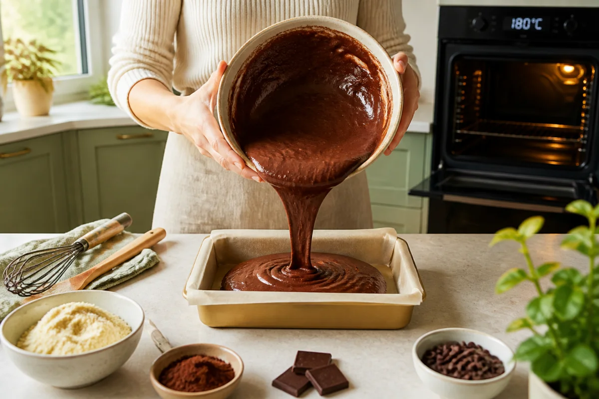 Préparation d’une recette de brownie sans sucre, pâte chocolatée versée dans un moule rectangulaire parsemée de chocolat noir
