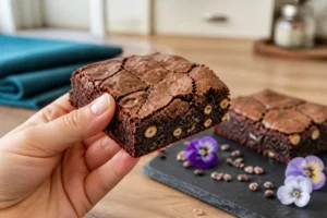 Main tenant un carré de brownie vegan à la texture craquelée et fondante, idéal pour une recette gourmande.