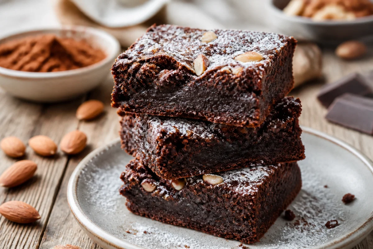 Pile de brownies vegans fondants aux éclats de noix sur une table en bois, recette gourmande et moelleuse.
