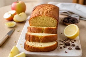 Recette de cake sans beurre moelleux, tranché avec citron, pomme et pépites de chocolat sur table en bois clair