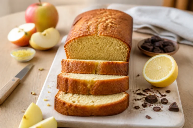 Recette de cake sans beurre moelleux, tranché avec citron, pomme et pépites de chocolat sur table en bois clair