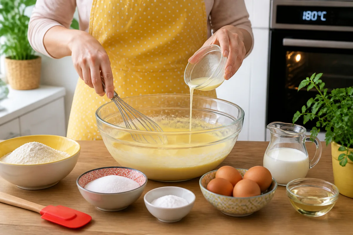 Préparation d’une recette de cake sans beurre, avec ingrédients et pâte mélangés dans un saladier en cuisine lumineuse