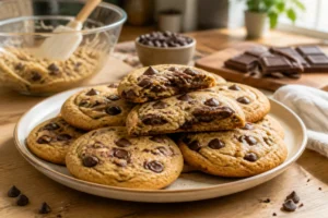 Assiette de cookies moelleux sans œuf, garnis de pépites et morceaux de chocolat, dans une cuisine chaleureuse