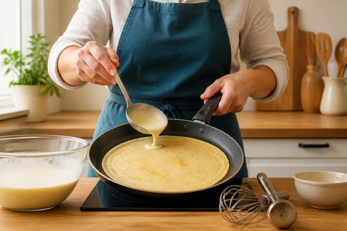 Préparation d’une recette de crêpes sans sucre moelleuse dans une poêle antiadhésive, avec pâte étalée finement