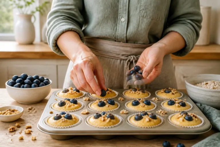 Mains ajoutant des myrtilles fraîches sur une pâte à muffins dorée pour cette recette de muffins sans beurre.