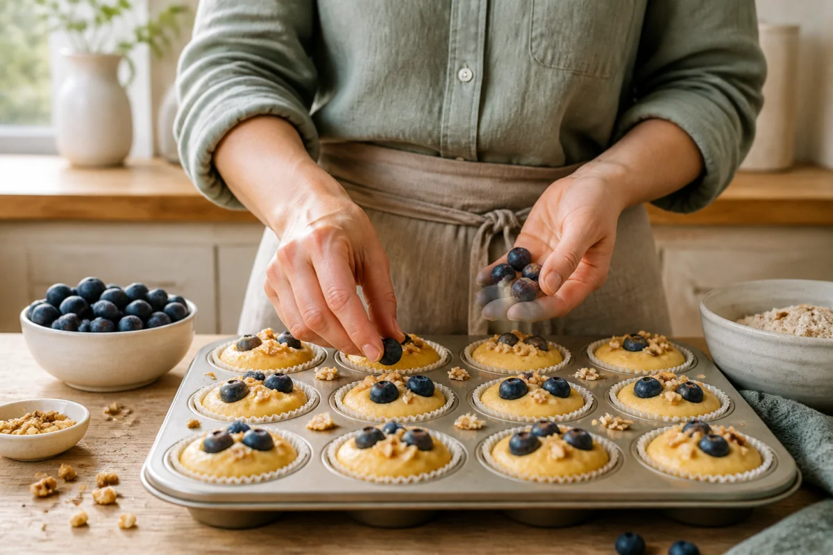 Mains ajoutant des myrtilles fraîches sur une pâte à muffins dorée pour cette recette de muffins sans beurre.