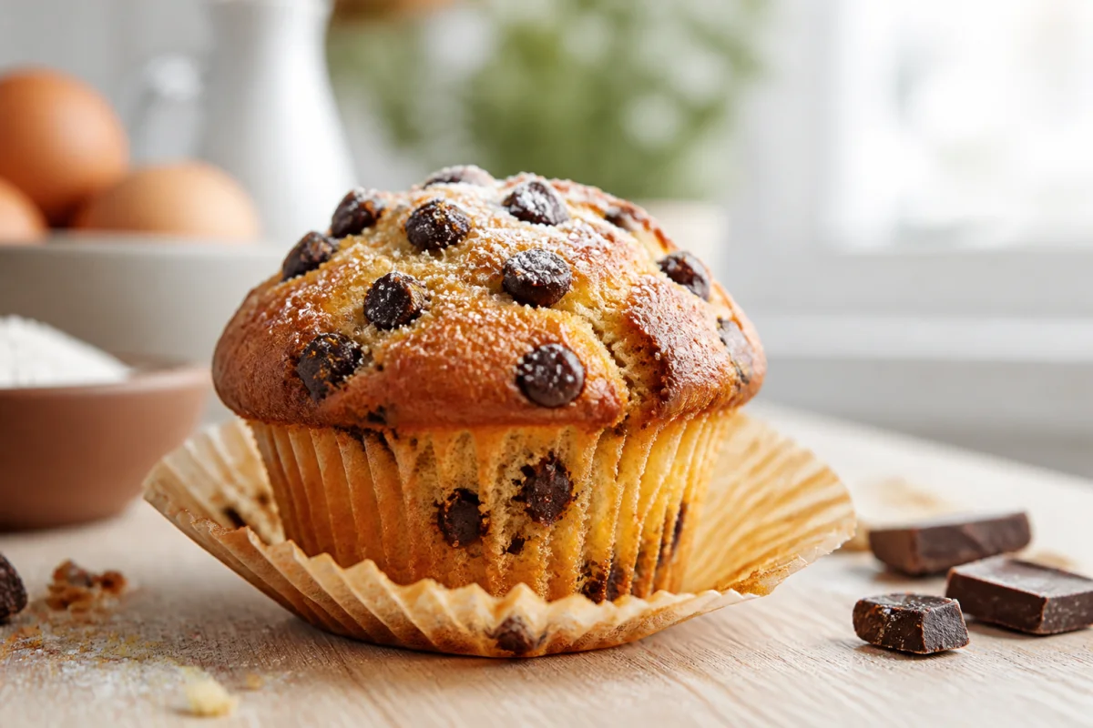 Muffin appétissant aux pépites de chocolat pour une recette de muffins sans beurre sur fond en bois.
