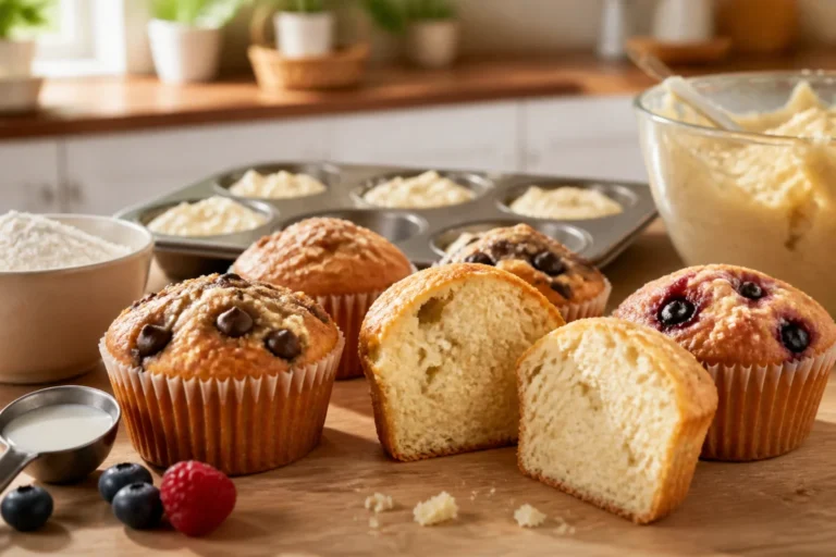 Assortiment de muffins sans gluten dorés et moelleux, dont un muffin coupé révèle sa mie tendre et aérée