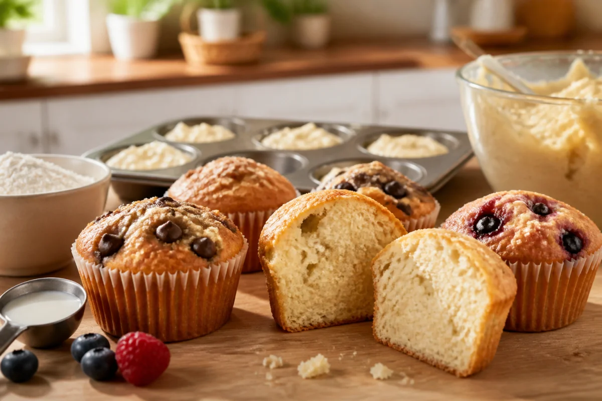 Assortiment de muffins sans gluten dorés et moelleux, dont un muffin coupé révèle sa mie tendre et aérée