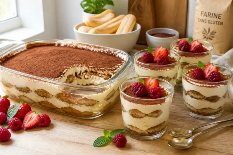 Recette tiramisu sans gluten présenté en plat familial et verrines, avec biscuits, crème mascarpone, cacao et fruits rouges