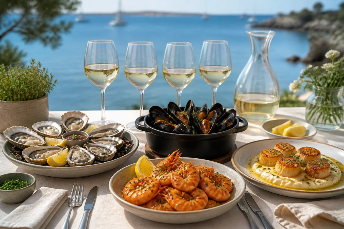 Accords mets et vins blancs autour d’huîtres, moules, crevettes à l’ail et coquilles Saint-Jacques en bord de mer.
