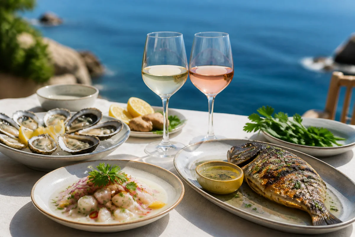 Accords mets et vins autour d&rsquo;hu&icirc;tres, ceviche, poisson grill&eacute; et verres de vin blanc et ros&eacute; en bord de mer.