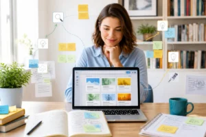 Personne explorant Afterfly sur ordinateur pour comparer des informations et repérer des ressources utiles dans un espace lumineux