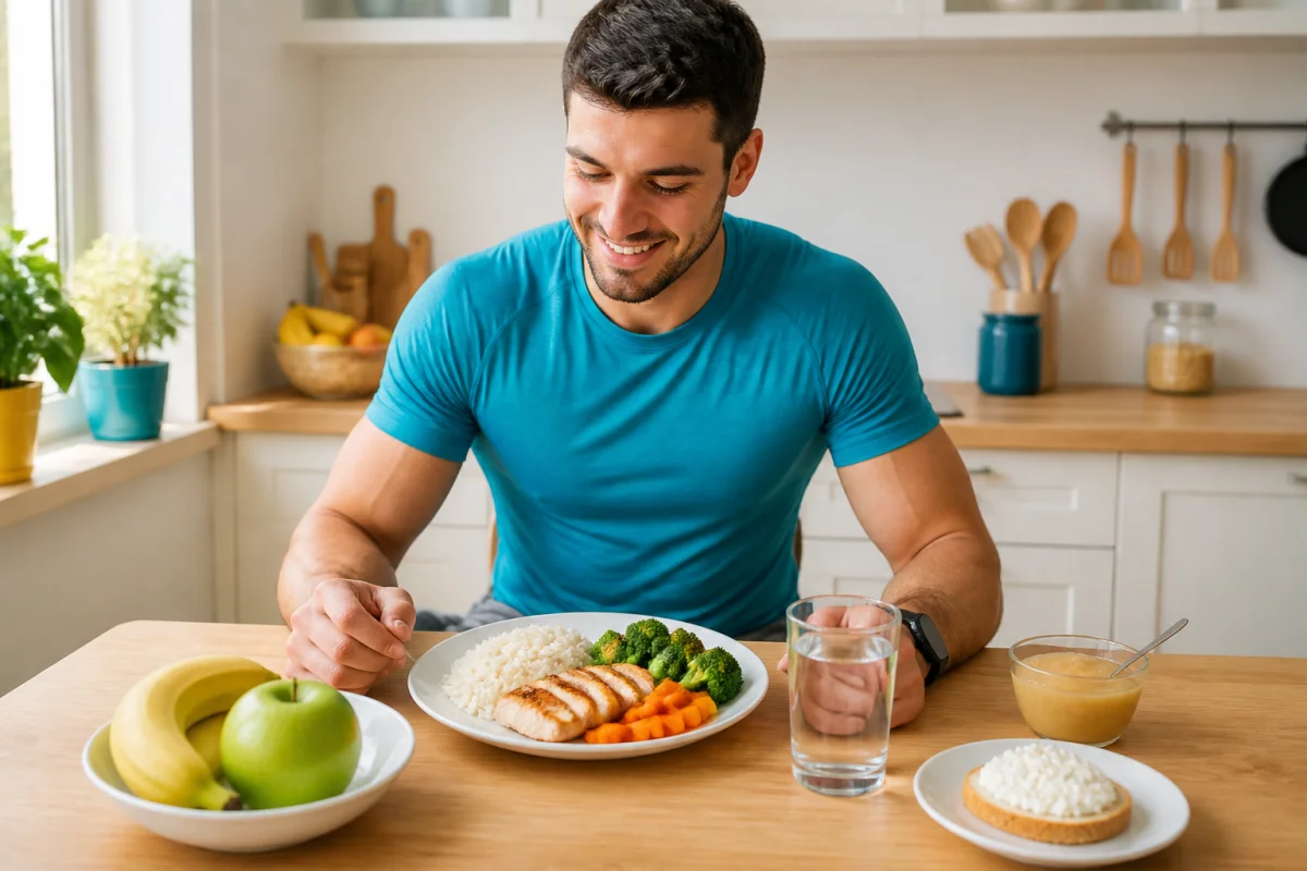 Sportif amateur pr&eacute;parant un repas &eacute;quilibr&eacute; avant l&rsquo;entra&icirc;nement, avec riz, poulet, l&eacute;gumes, fruit et verre d&rsquo;eau