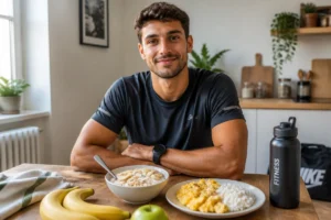 Alimentation du sportif amateur : repas post-entraînement équilibré avec fromage blanc, banane, avoine et œufs