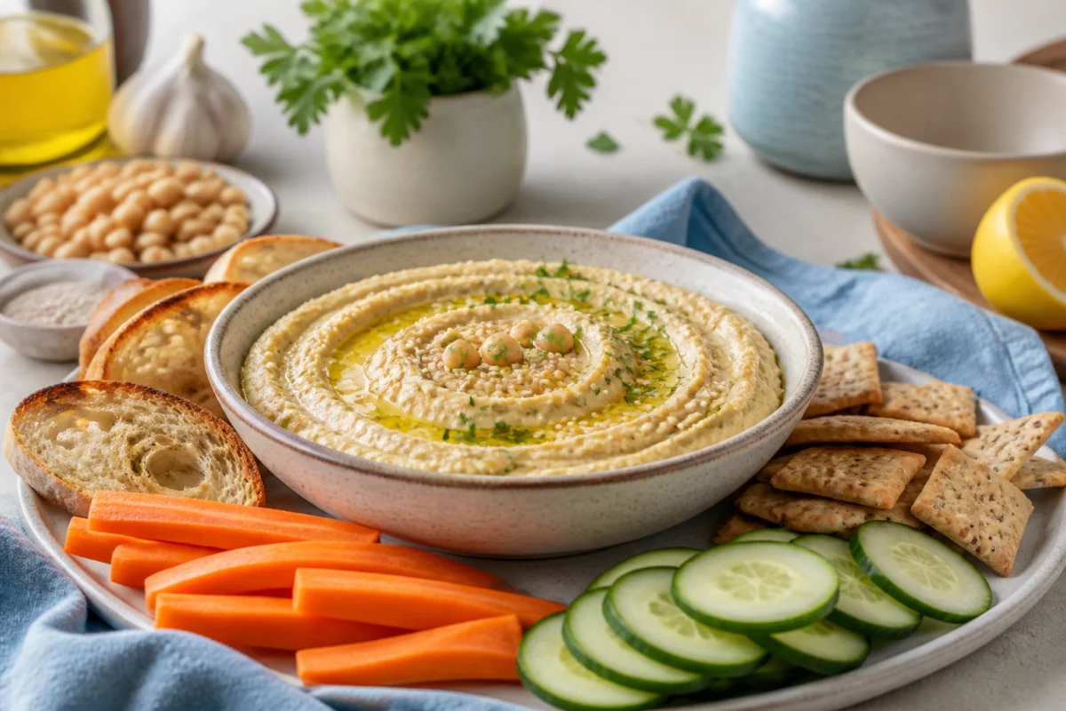 Apéritif dînatoire facile avec tartinade de pois chiches, pain grillé, crudités et crackers variés