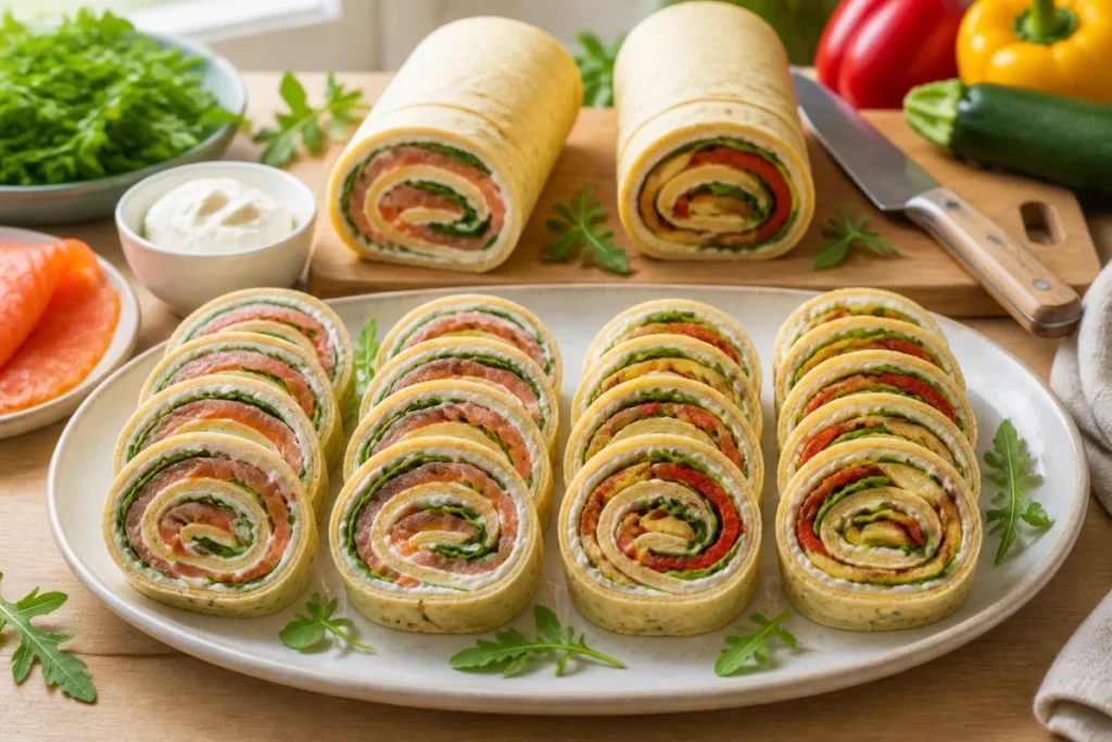 Apéritif dînatoire facile avec roulés de tortillas au saumon fumé, fromage frais, roquette et légumes grillés