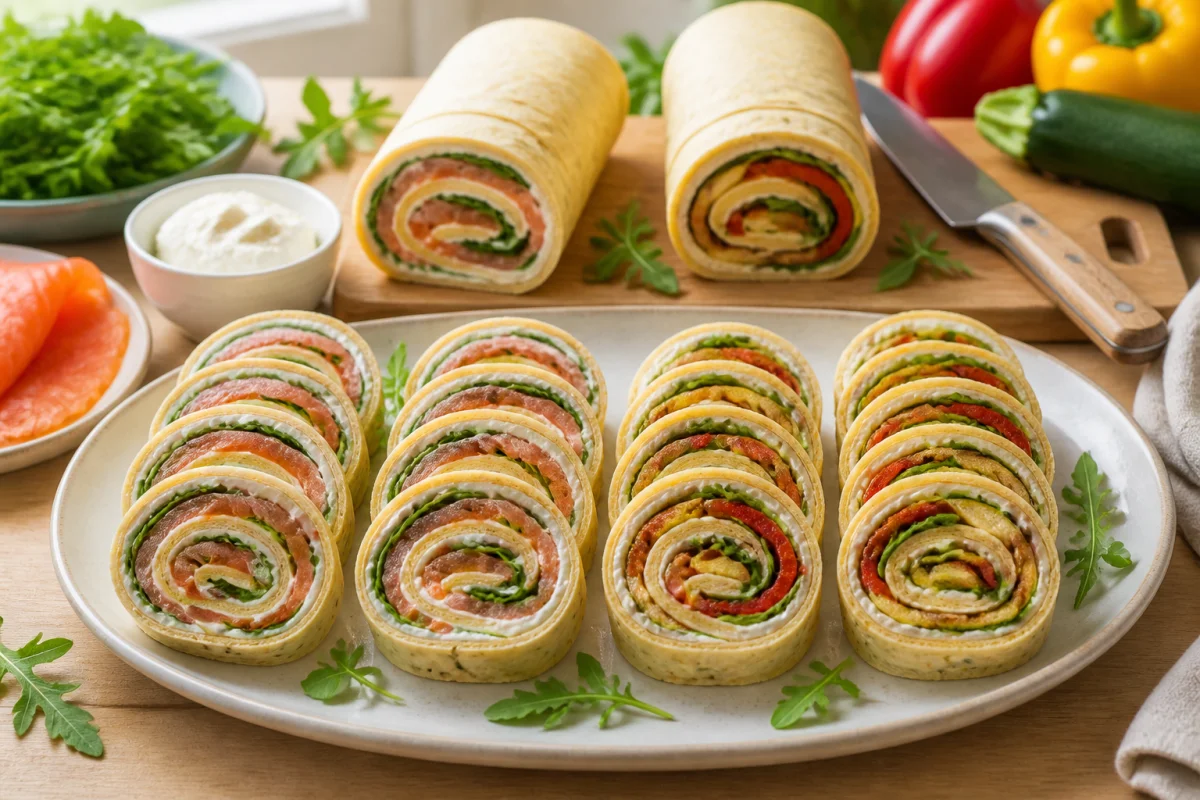 Apéritif dînatoire facile avec roulés de tortillas au saumon fumé, fromage frais, roquette et légumes grillés
