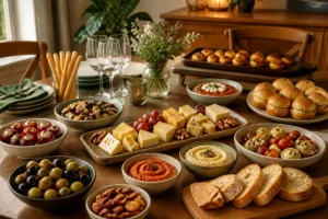 Table conviviale d’apéritifs et tapas à partager, avec olives, tartinades, fromages, légumes marinés et bouchées chaudes.