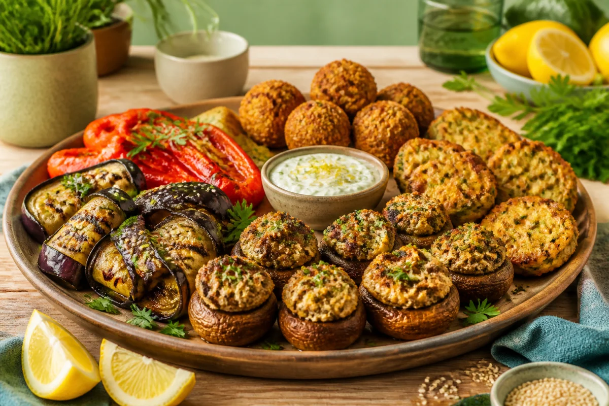 Ap&eacute;ritifs et tapas v&eacute;g&eacute;tales &agrave; partager : champignons farcis, l&eacute;gumes grill&eacute;s, falafels et beignets de courgette au citron