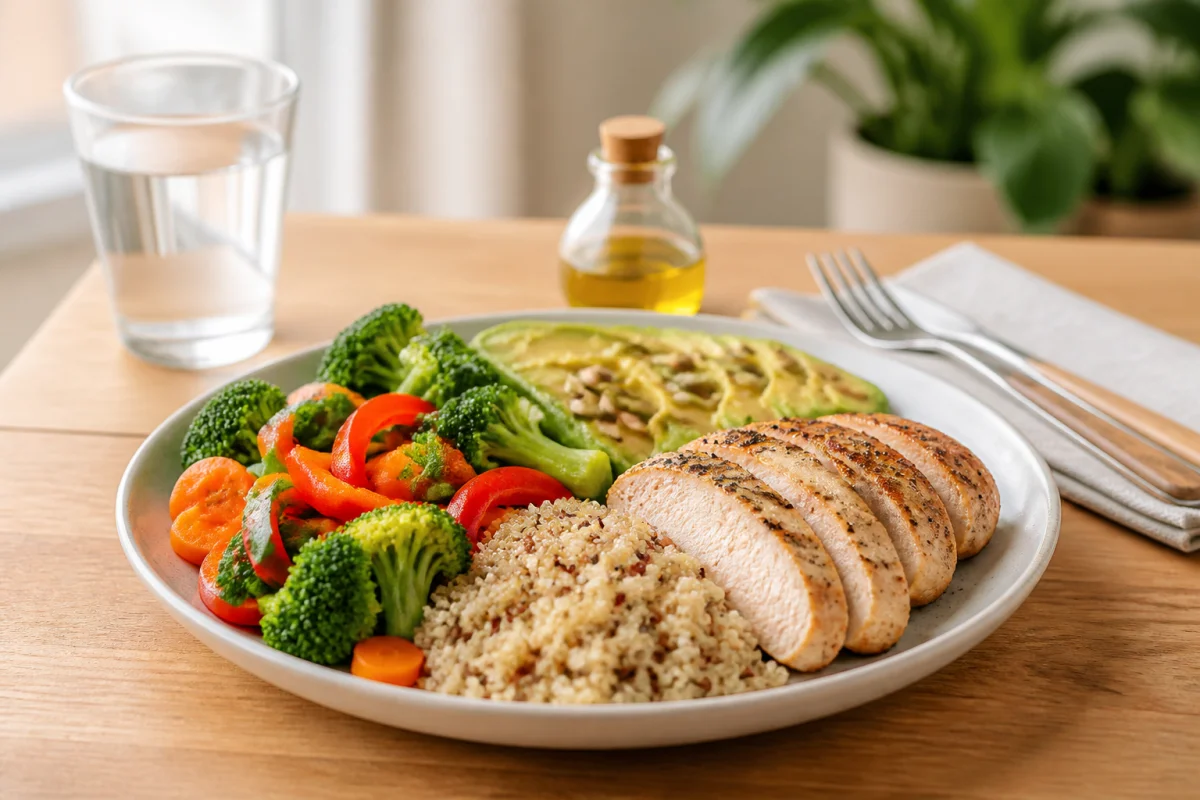 Assiette &eacute;quilibr&eacute;e avec l&eacute;gumes color&eacute;s, c&eacute;r&eacute;ales compl&egrave;tes, prot&eacute;ines maigres, avocat, graines et huile de qualit&eacute;
