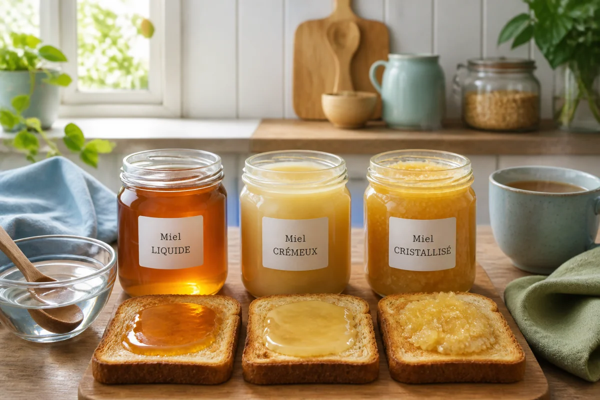 Trois textures de miel au petit-déjeuner avec tartines grillées, tasse chaude et accessoires naturels en cuisine lumineuse