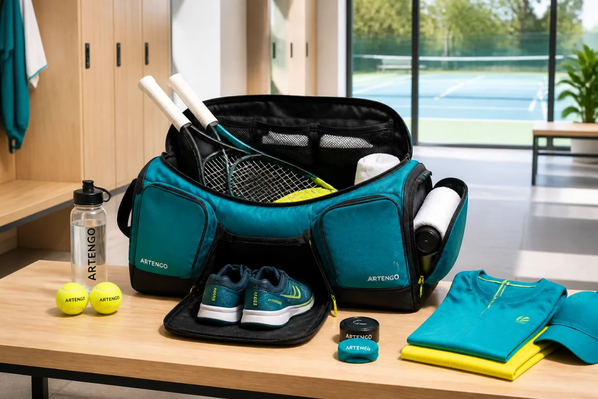 Sac de sport polyvalent ouvert et organisé pour le tennis, avec raquettes, chaussures, vêtements et accessoires.