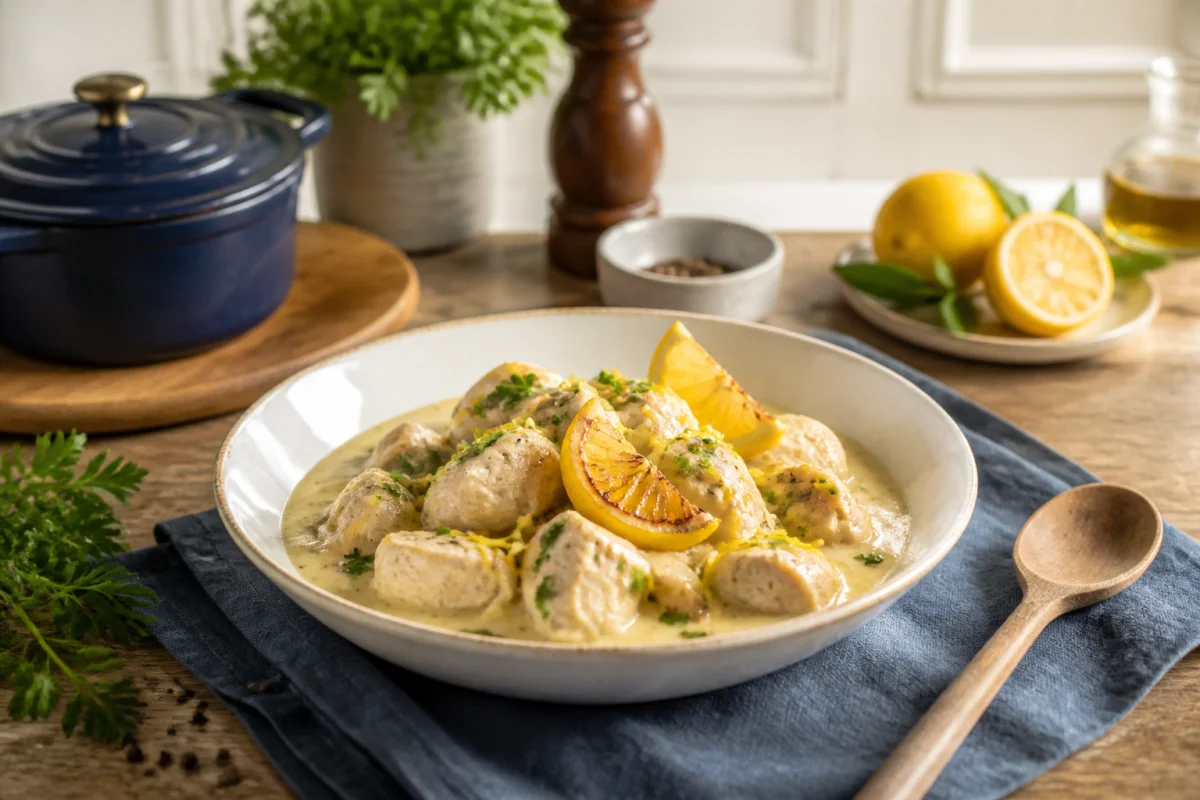 Blanquette de volaille revisitée, sauce crémeuse au citron rôti, herbes fraîches et serviette en lin bleu ardoise