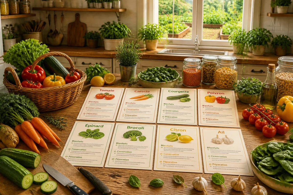 Fiches pratiques Chez Minotte sur les fruits et légumes, entourées de produits frais, ustensiles et plantes aromatiques en cuisine lumineuse