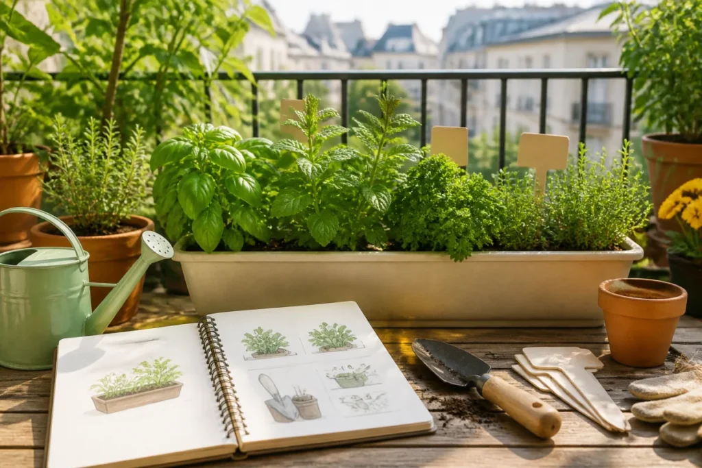 Chez Minotte : potager urbain sur balcon avec herbes aromatiques, guide de culture, outils et jardinières baignés de lumière.