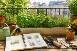 Chez Minotte : potager urbain sur balcon avec herbes aromatiques, guide de culture, outils et jardinières baignés de lumière.