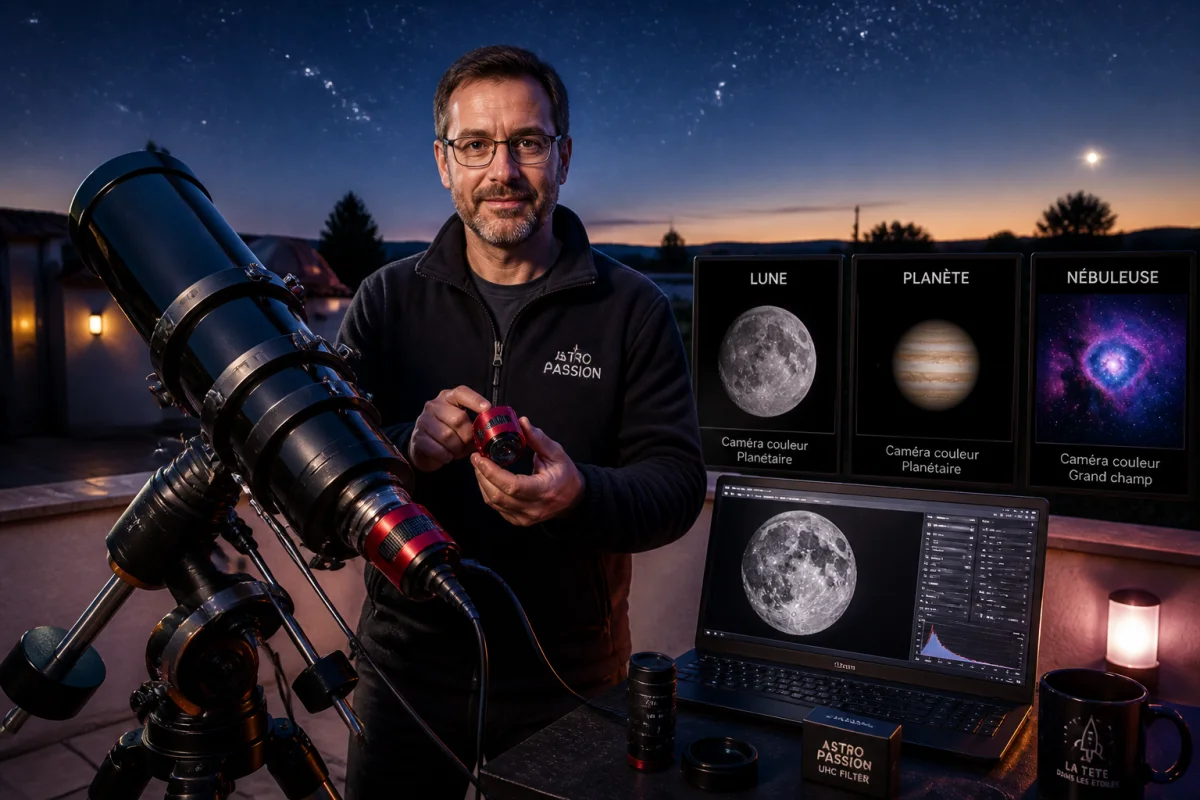 Astronome amateur présentant une caméra d’astronomie montée sur un télescope sous un ciel étoilé, avec images célestes.