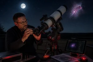 Astronome amateur ajustant une caméra numérique sur un télescope sous la Lune, pour choisir une caméra d’astronomie amateur.