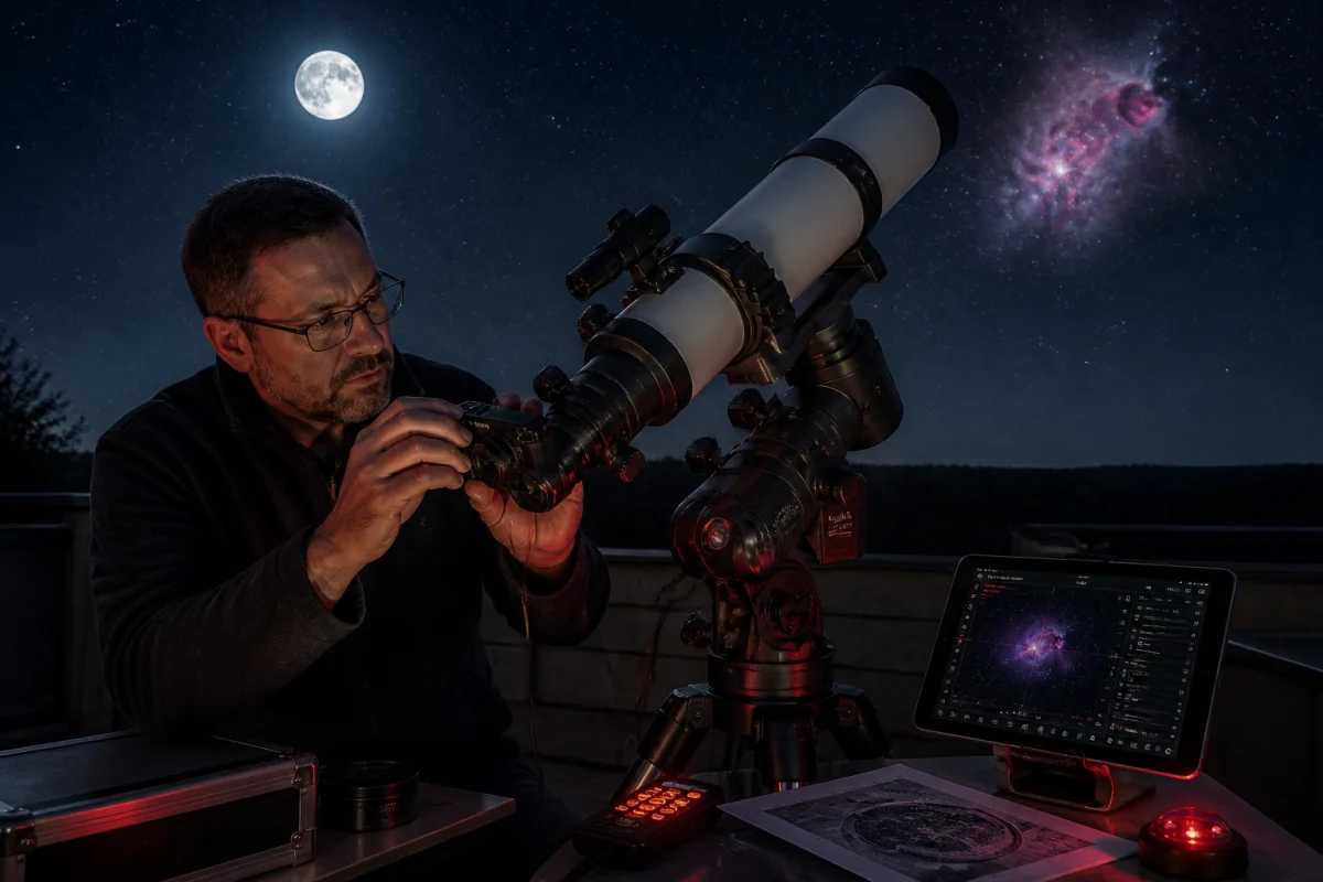 Astronome amateur ajustant une caméra numérique sur un télescope sous la Lune, pour choisir une caméra d’astronomie amateur.