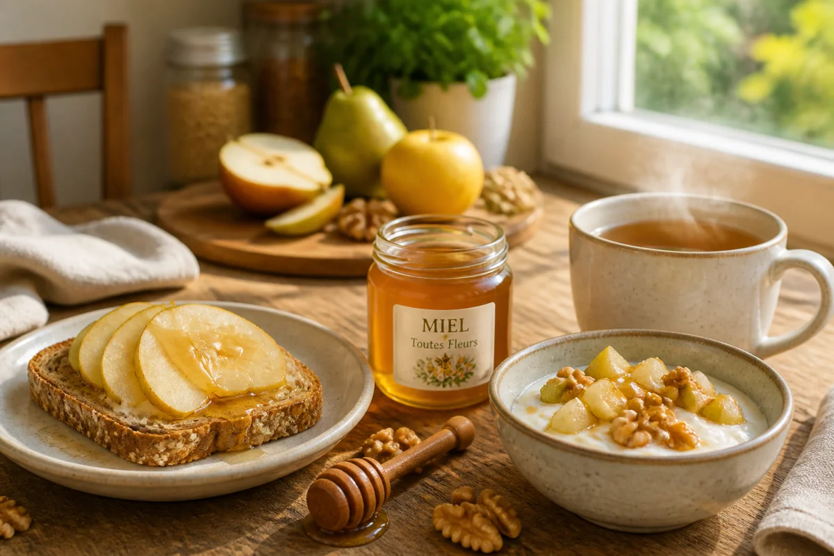 Petit-déjeuner gourmand avec tartine au miel de châtaignier, fruits frais, yaourt, noix et thé au miel floral