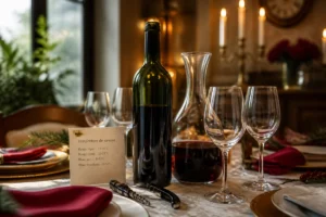 Bouteille de vin ouverte et verres à pied sur une table festive pour choisir un vin pour un repas de fête