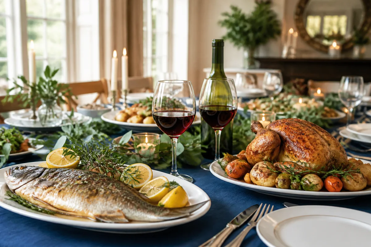 Choisir un vin pour un repas de fête : table avec poisson rôti, volaille dorée et verres de vin