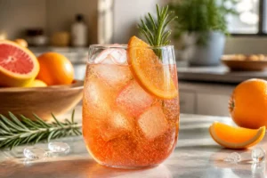 Cocktail rafraîchissant maison sans alcool aux agrumes, glaçons, tranche d’orange et romarin sur un plan de travail lumineux