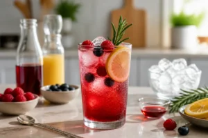 Cocktail sans alcool coloré aux fruits rouges, citron et romarin, entouré d’ingrédients frais dans une cuisine lumineuse