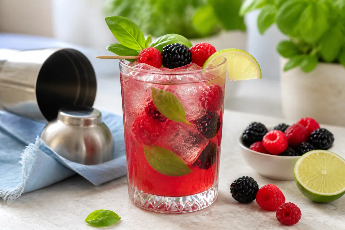 Cocktail sans alcool aux fruits rouges et basilic, sur gla&ccedil;ons, dans une cuisine lumineuse : recette de cocktails sans alcool faciles.
