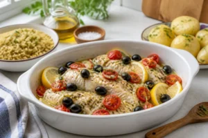 Poisson blanc au four avec tomates cerises, olives noires, boulgour et pommes de terre, cuisine méditerranéenne facile