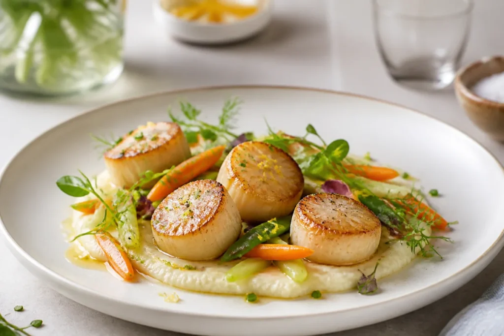 Coquilles Saint-Jacques dorées, purée fine, légumes croquants, sauce légère, herbes fraîches et zeste d’agrume assiette raffinée