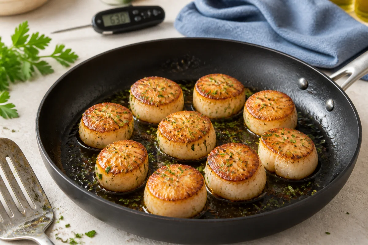 Coquilles Saint-Jacques dor&eacute;es dans une po&ecirc;le, illustrant la cuisson parfaite des coquilles Saint-Jacques &agrave; la maison
