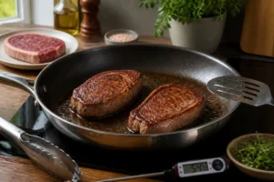 Cuisson parfaite d’un steak dans une poêle chaude, croûte dorée, spatule et thermomètre visibles en cuisine.