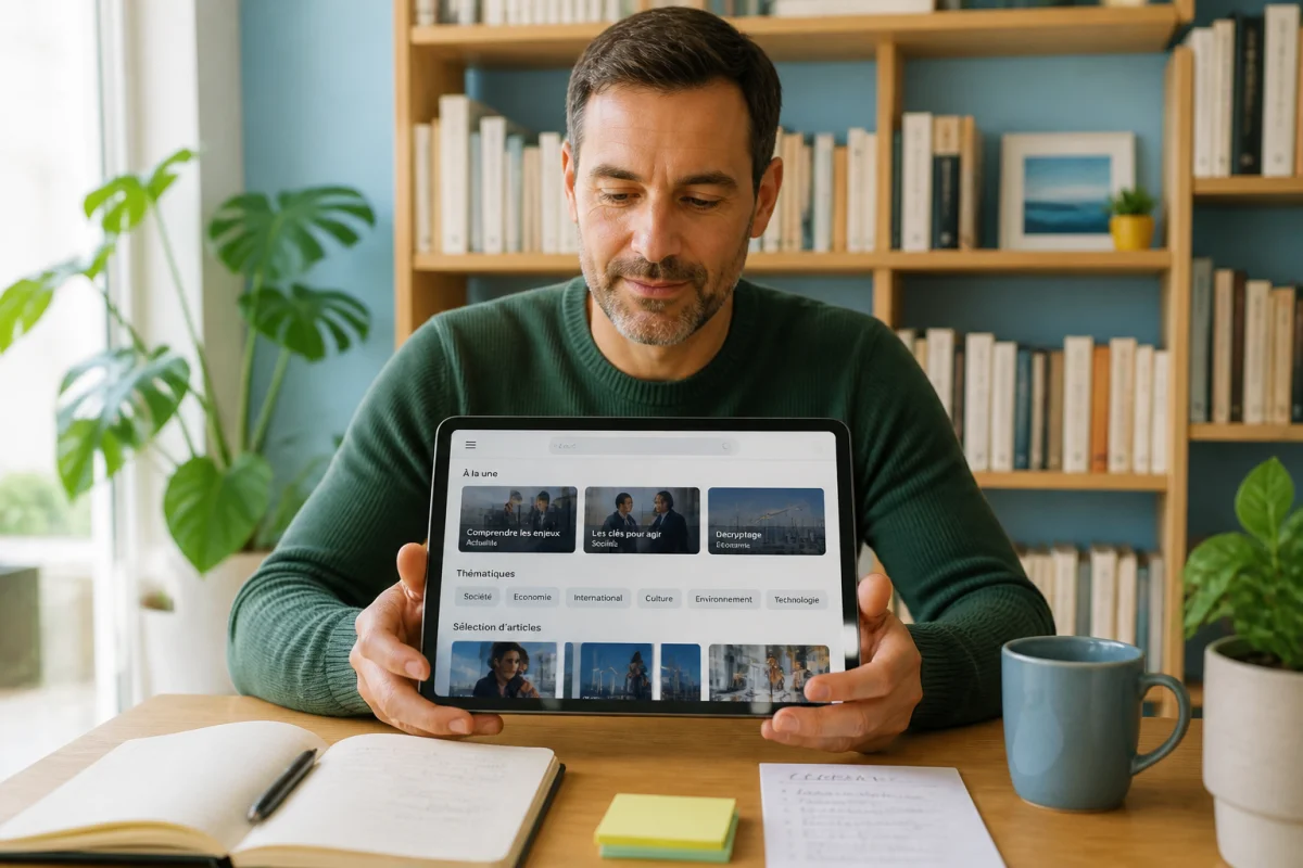 Lecteur adulte consultant Fraimenbon sur une tablette dans un coin lecture lumineux et contemporain